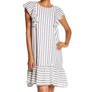EVERLEIGH White & Denim Color Ruffle Sleeve Striped Dress Size S NWOT